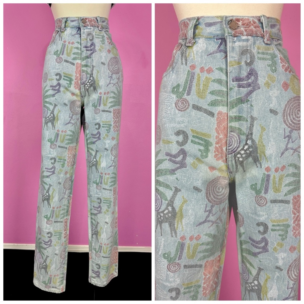 Vintage 1980s Safari Print High Waisted Jeans // 80s Light Wash High Rise Denim